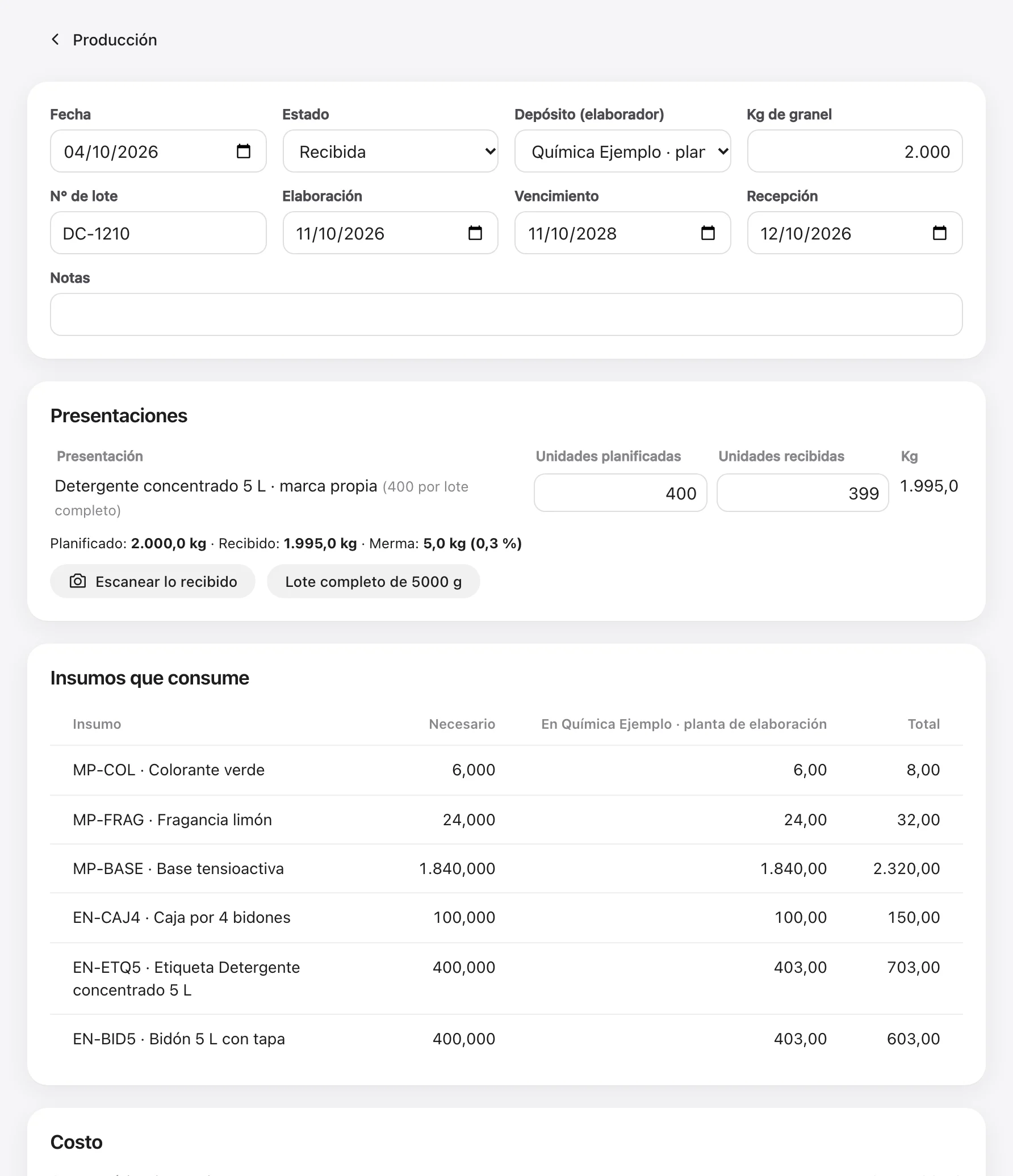 Una orden de elaboración recibida, con su lote